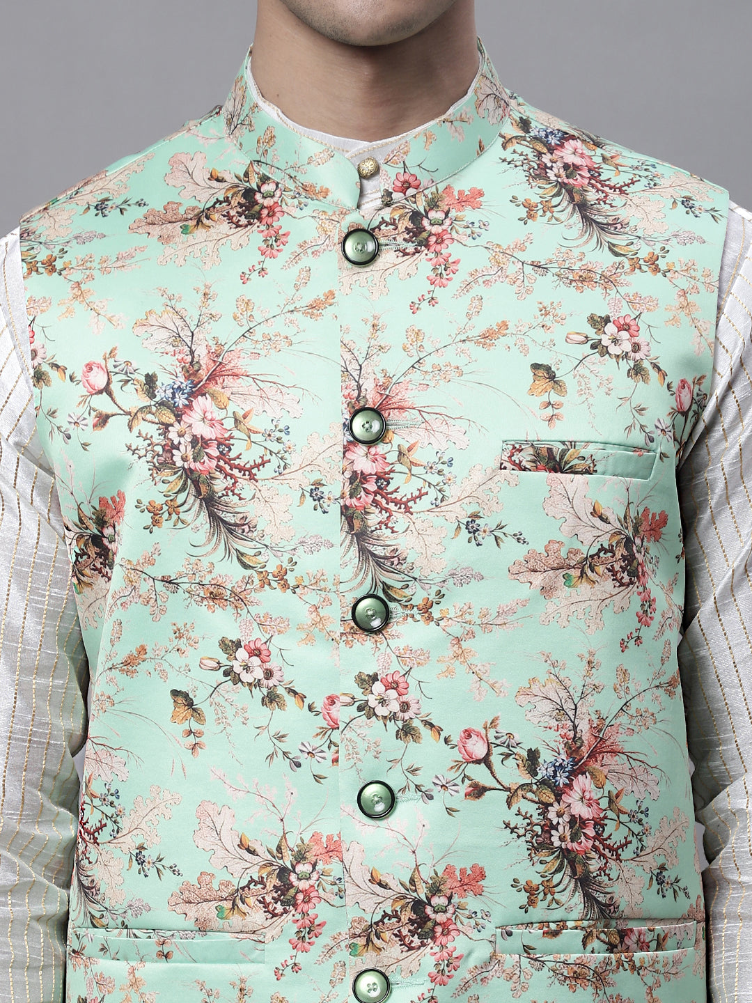 Jompers Men's Off White Embroidered Kurta Pyjama With Lime Printed Nehru Jacket | Grocsy