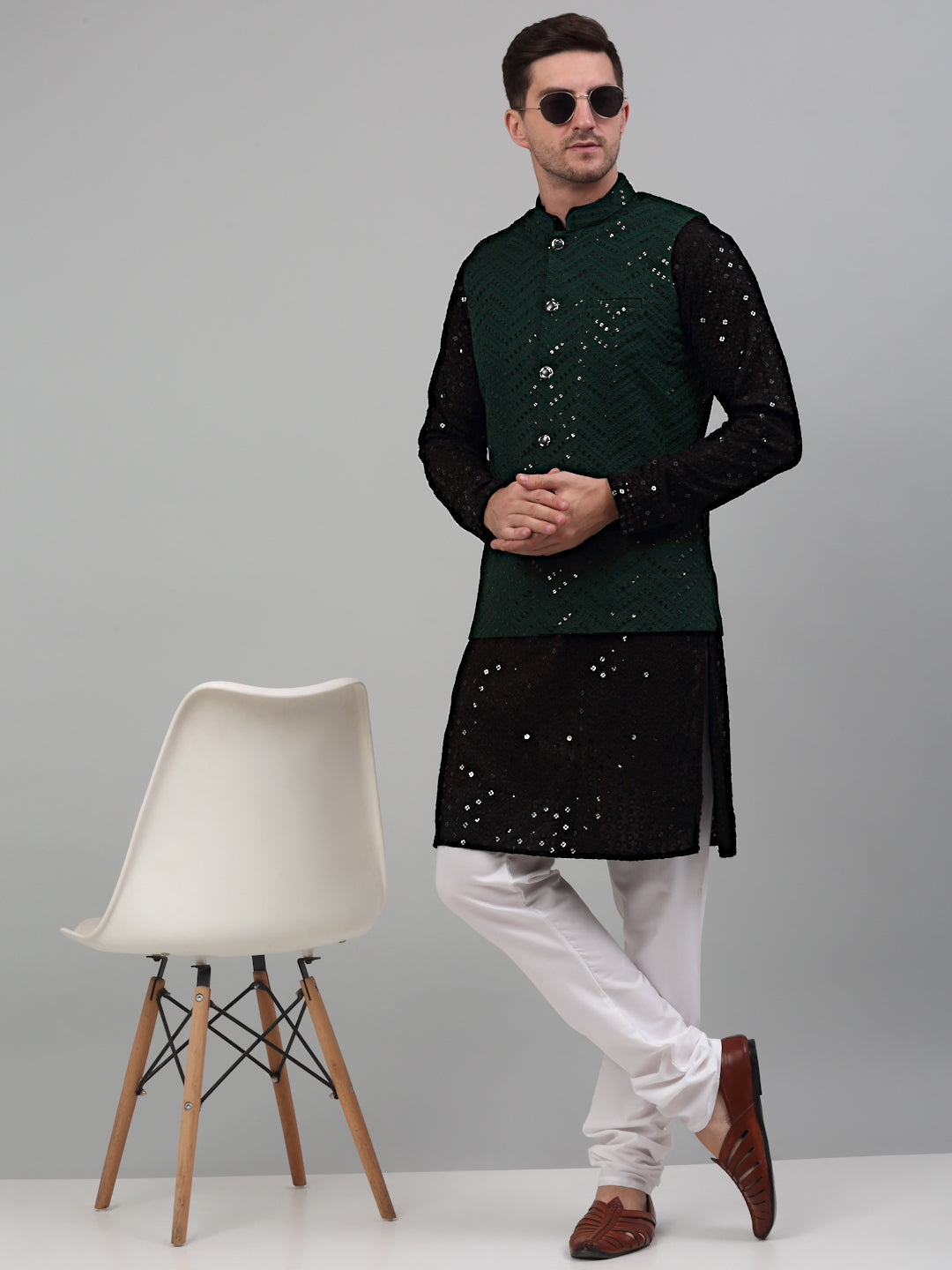 Jompers Men's Sequin and Embroidered Nehru Jacket With Kurta Pyjama - Olive | Grocsy