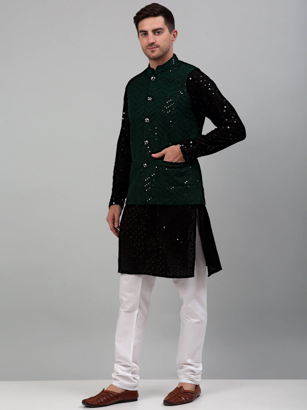 Jompers Men's Sequin and Embroidered Nehru Jacket With Kurta Pyjama - Olive | Grocsy