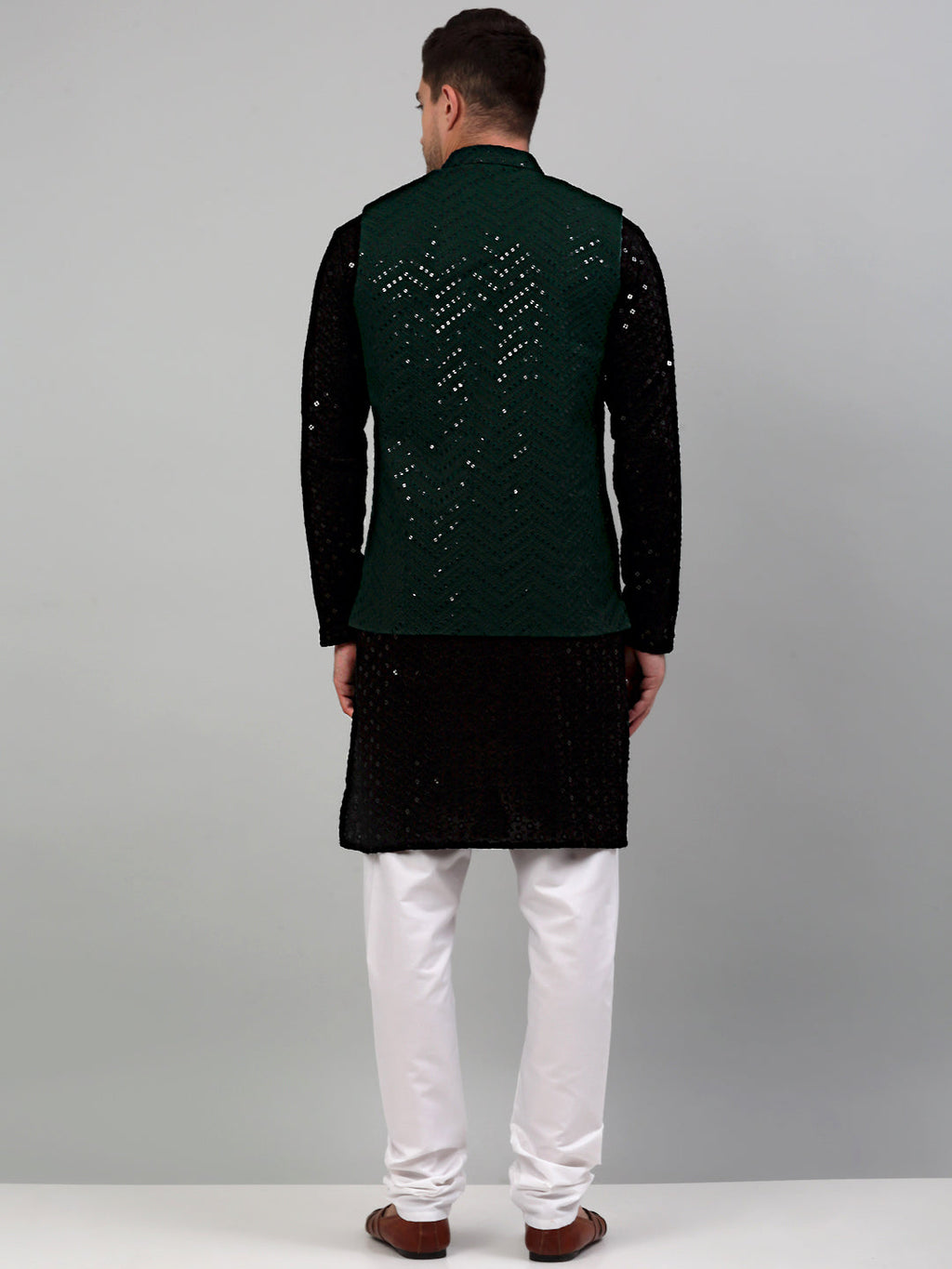Jompers Men's Sequin and Embroidered Nehru Jacket With Kurta Pyjama - Olive | Grocsy