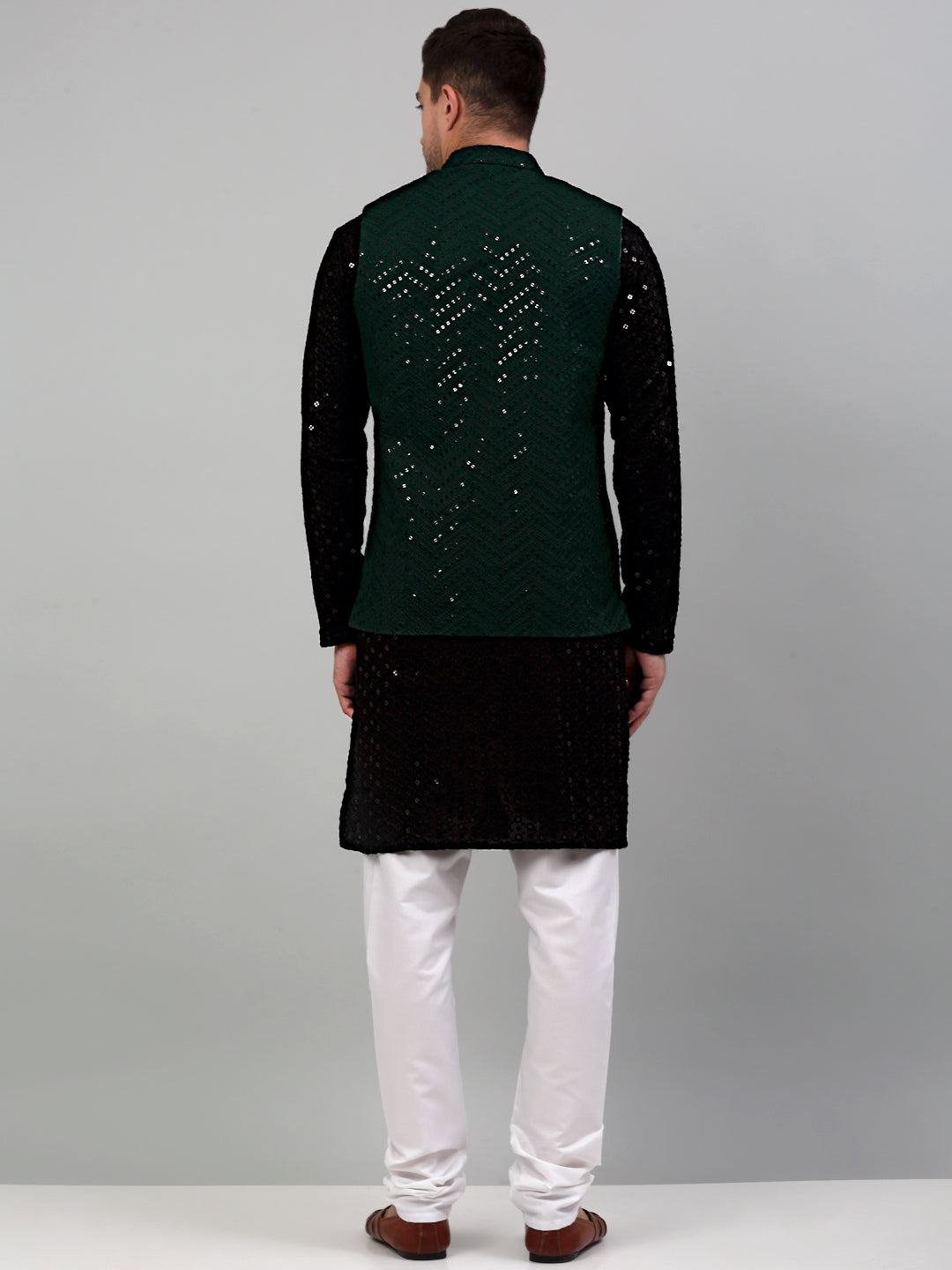 Jompers Men's Sequin and Embroidered Nehru Jacket With Kurta Pyjama - Olive | Grocsy