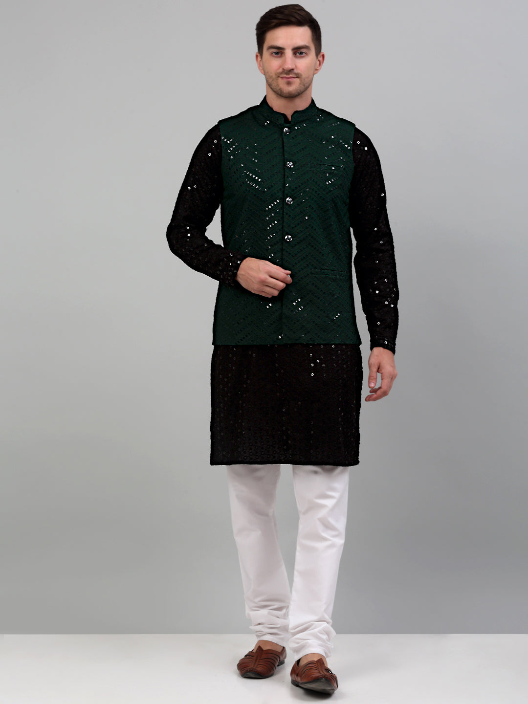 Jompers Men's Sequin and Embroidered Nehru Jacket With Kurta Pyjama - Olive | Grocsy