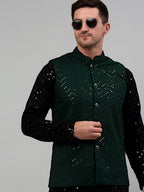 Jompers Men's Sequin and Embroidered Nehru Jacket With Kurta Pyjama - Olive | Grocsy