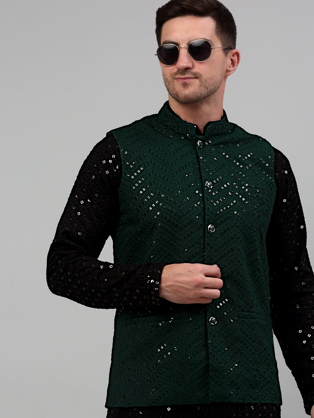Jompers Men's Sequin and Embroidered Nehru Jacket With Kurta Pyjama - Olive | Grocsy
