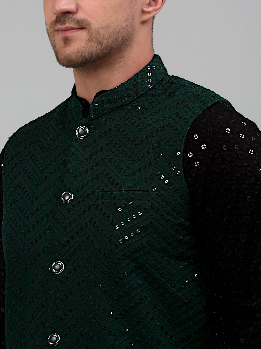 Jompers Men's Sequin and Embroidered Nehru Jacket With Kurta Pyjama - Olive | Grocsy