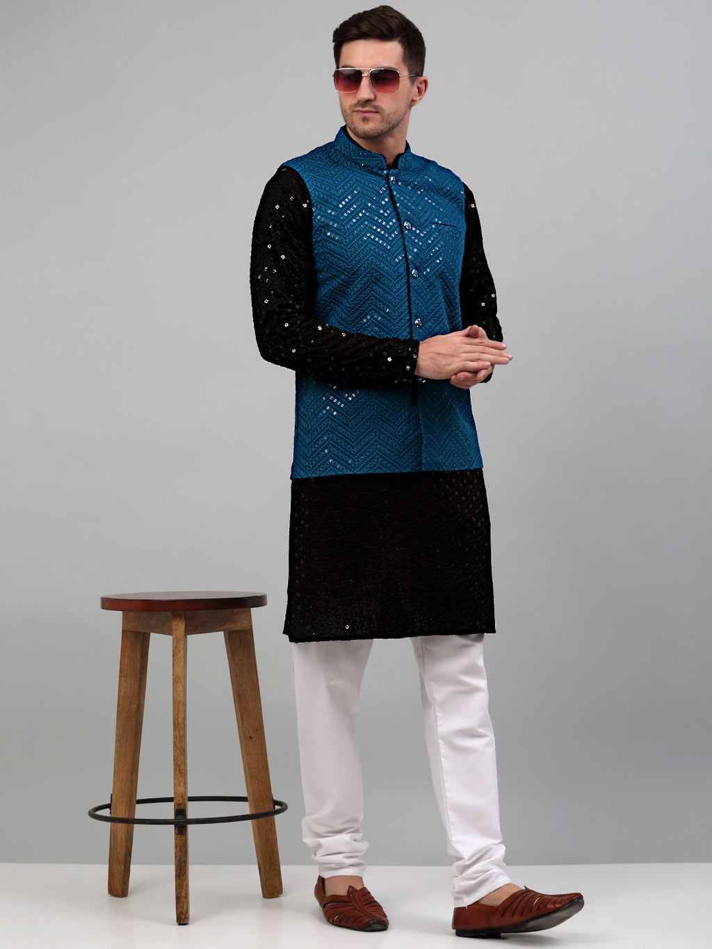Jompers Men's Sequin and Embroidered Nehru Jacket With Kurta Pyjama - Peacock | Grocsy