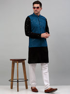 Jompers Men's Sequin and Embroidered Nehru Jacket With Kurta Pyjama - Peacock | Grocsy