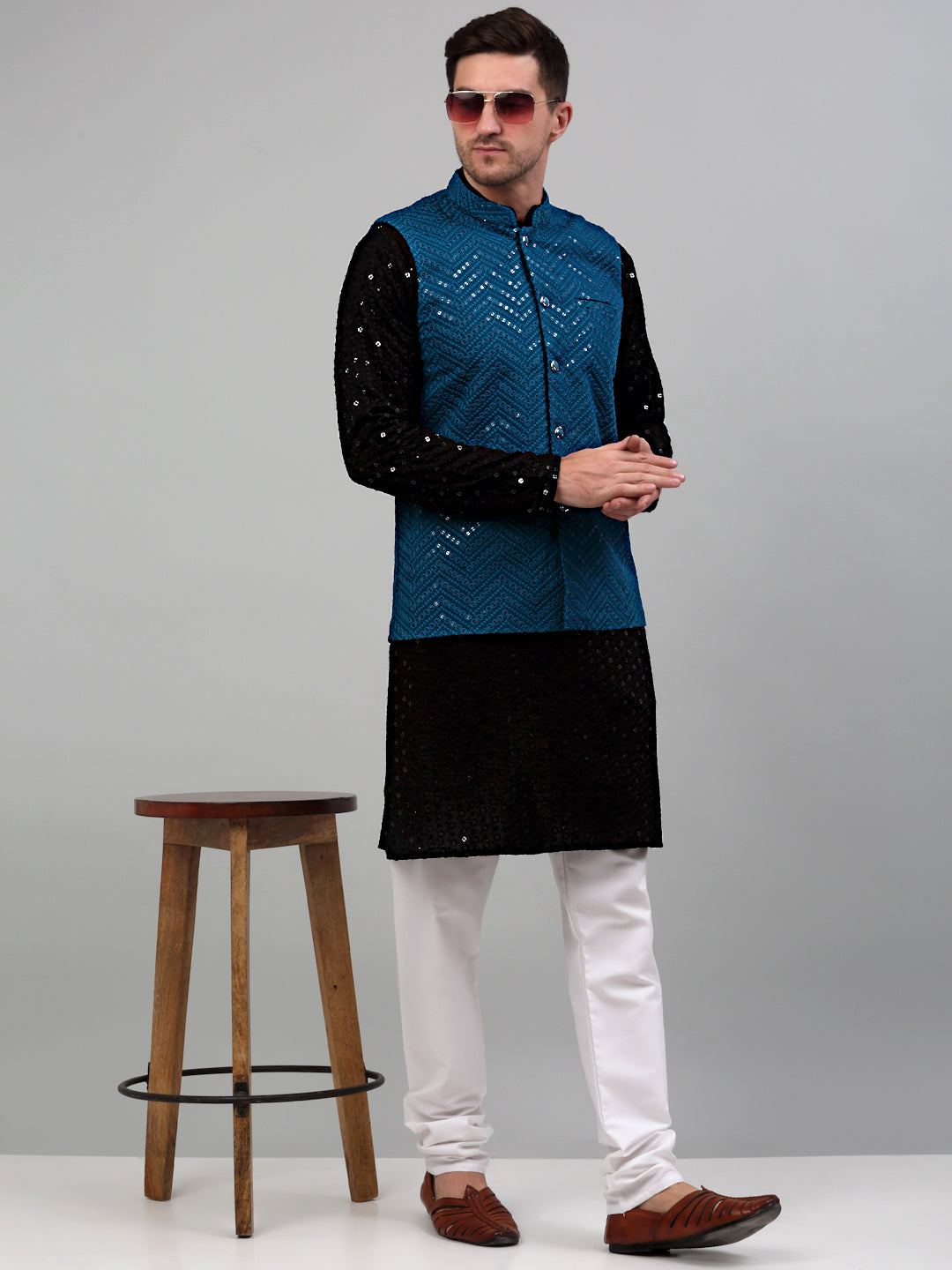 Jompers Men's Sequin and Embroidered Nehru Jacket With Kurta Pyjama - Peacock | Grocsy