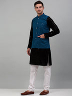 Jompers Men's Sequin and Embroidered Nehru Jacket With Kurta Pyjama - Peacock | Grocsy