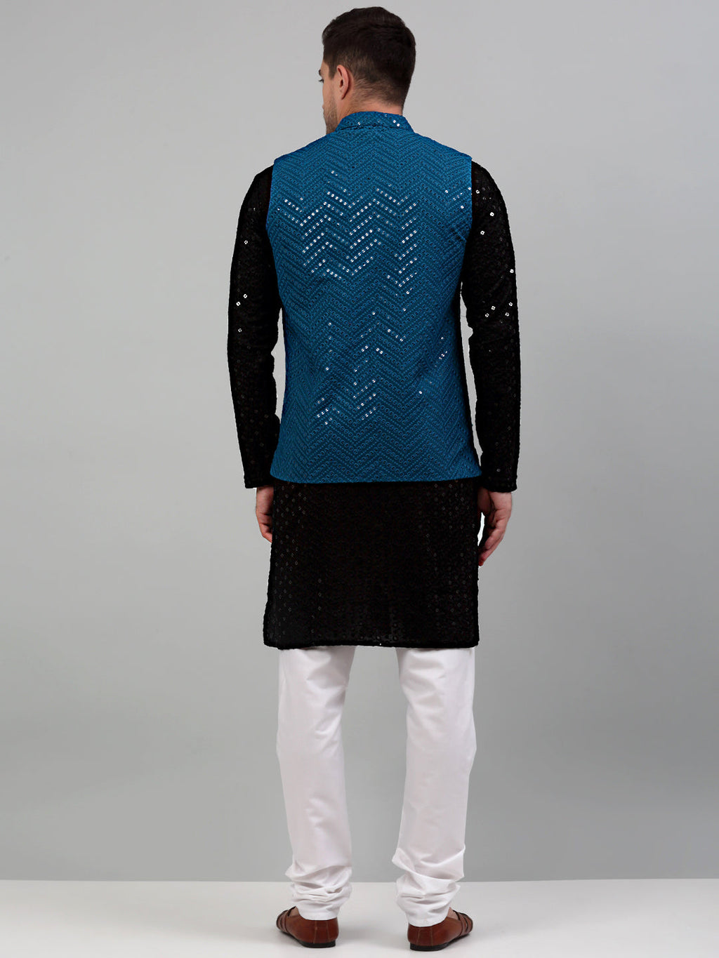 Jompers Men's Sequin and Embroidered Nehru Jacket With Kurta Pyjama - Peacock | Grocsy