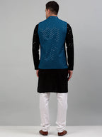 Jompers Men's Sequin and Embroidered Nehru Jacket With Kurta Pyjama - Peacock | Grocsy
