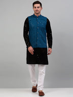Jompers Men's Sequin and Embroidered Nehru Jacket With Kurta Pyjama - Peacock | Grocsy