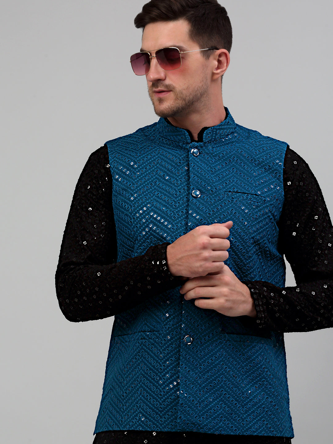 Jompers Men's Sequin and Embroidered Nehru Jacket With Kurta Pyjama - Peacock | Grocsy