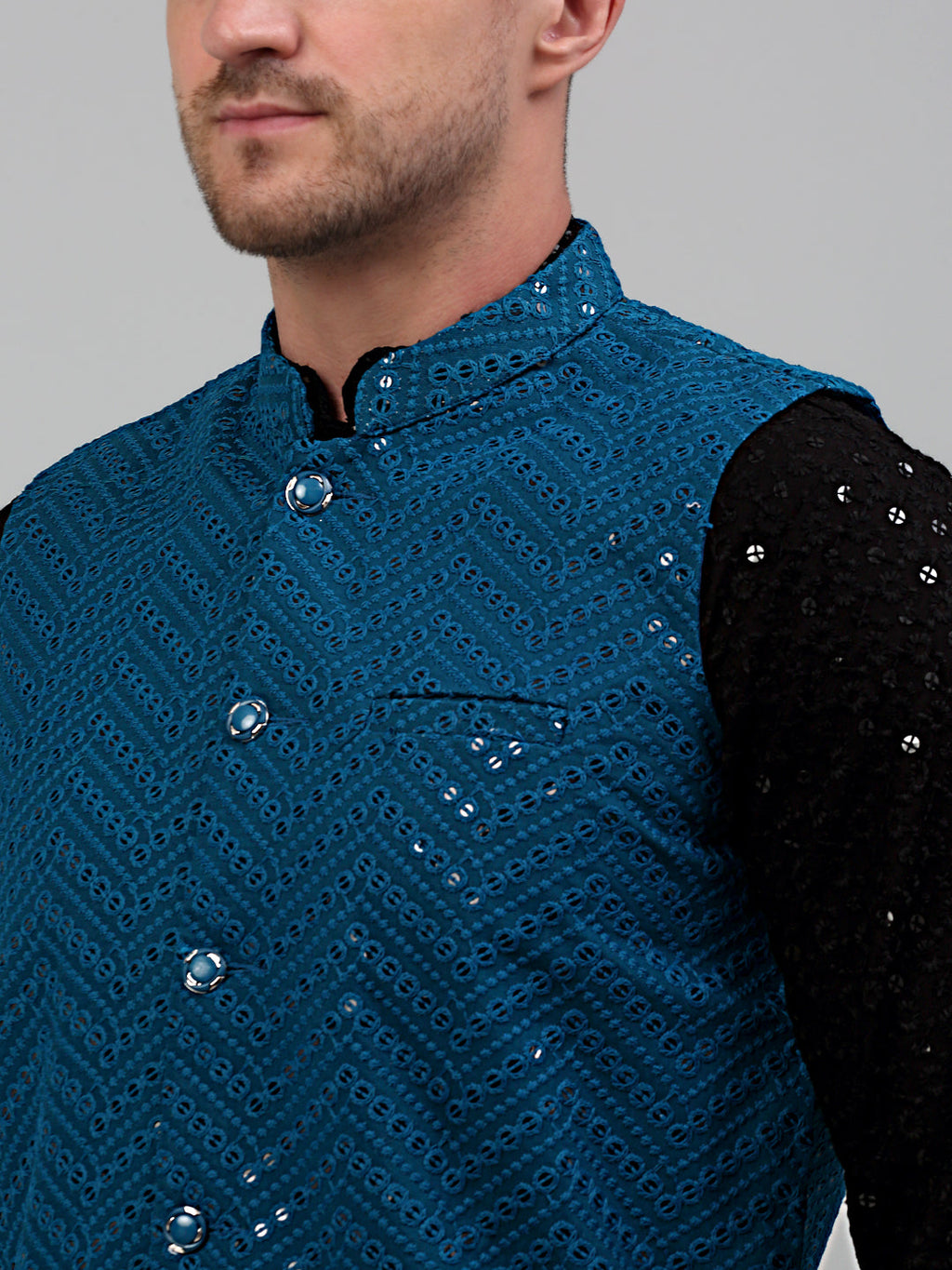 Jompers Men's Sequin and Embroidered Nehru Jacket With Kurta Pyjama - Peacock | Grocsy