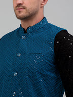 Jompers Men's Sequin and Embroidered Nehru Jacket With Kurta Pyjama - Peacock | Grocsy