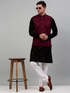 Jompers Men's Sequin and Embroidered Nehru Jacket With Kurta Pyjama - Purple | Grocsy