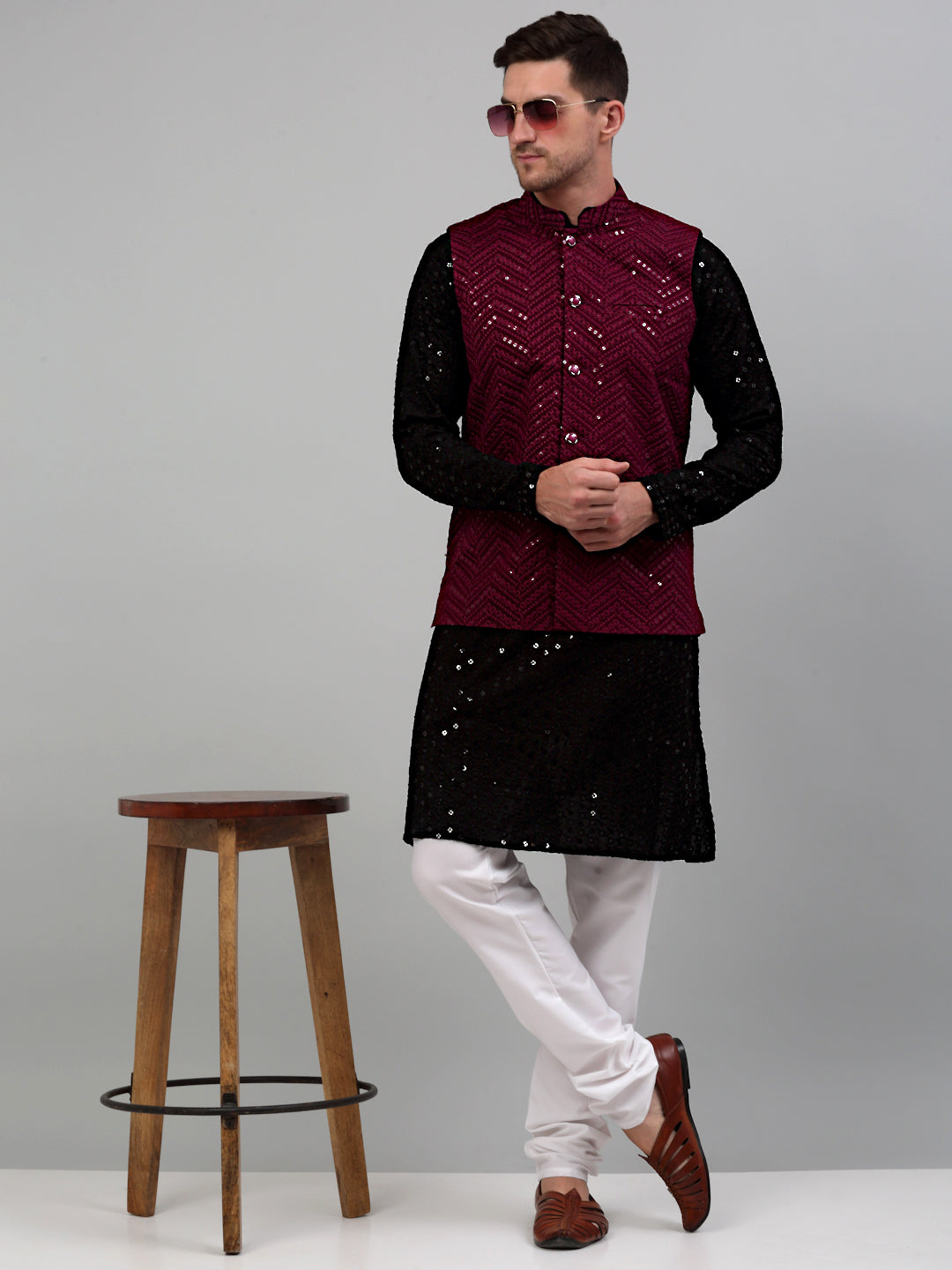 Jompers Men's Sequin and Embroidered Nehru Jacket With Kurta Pyjama - Purple | Grocsy