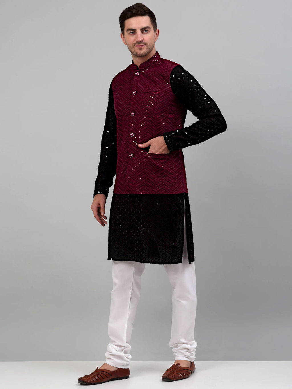Jompers Men's Sequin and Embroidered Nehru Jacket With Kurta Pyjama - Purple | Grocsy