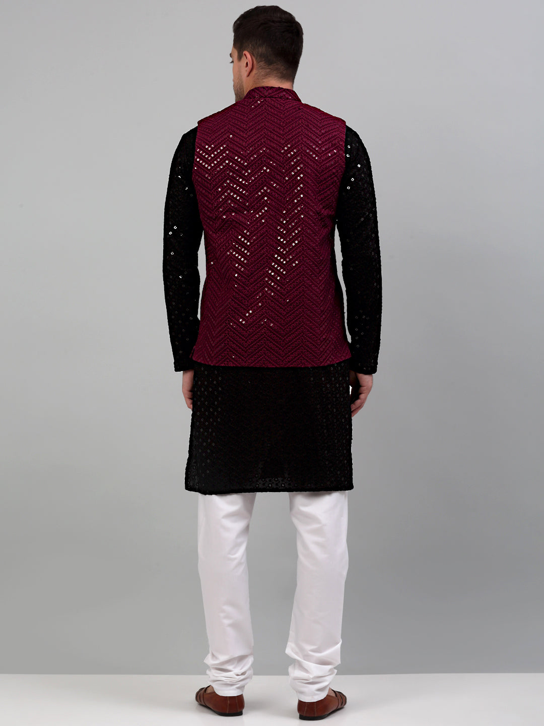 Jompers Men's Sequin and Embroidered Nehru Jacket With Kurta Pyjama - Purple | Grocsy