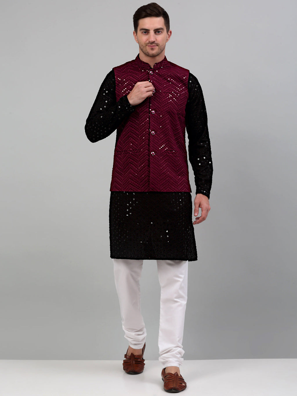 Jompers Men's Sequin and Embroidered Nehru Jacket With Kurta Pyjama - Purple | Grocsy