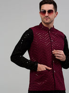 Jompers Men's Sequin and Embroidered Nehru Jacket With Kurta Pyjama - Purple | Grocsy
