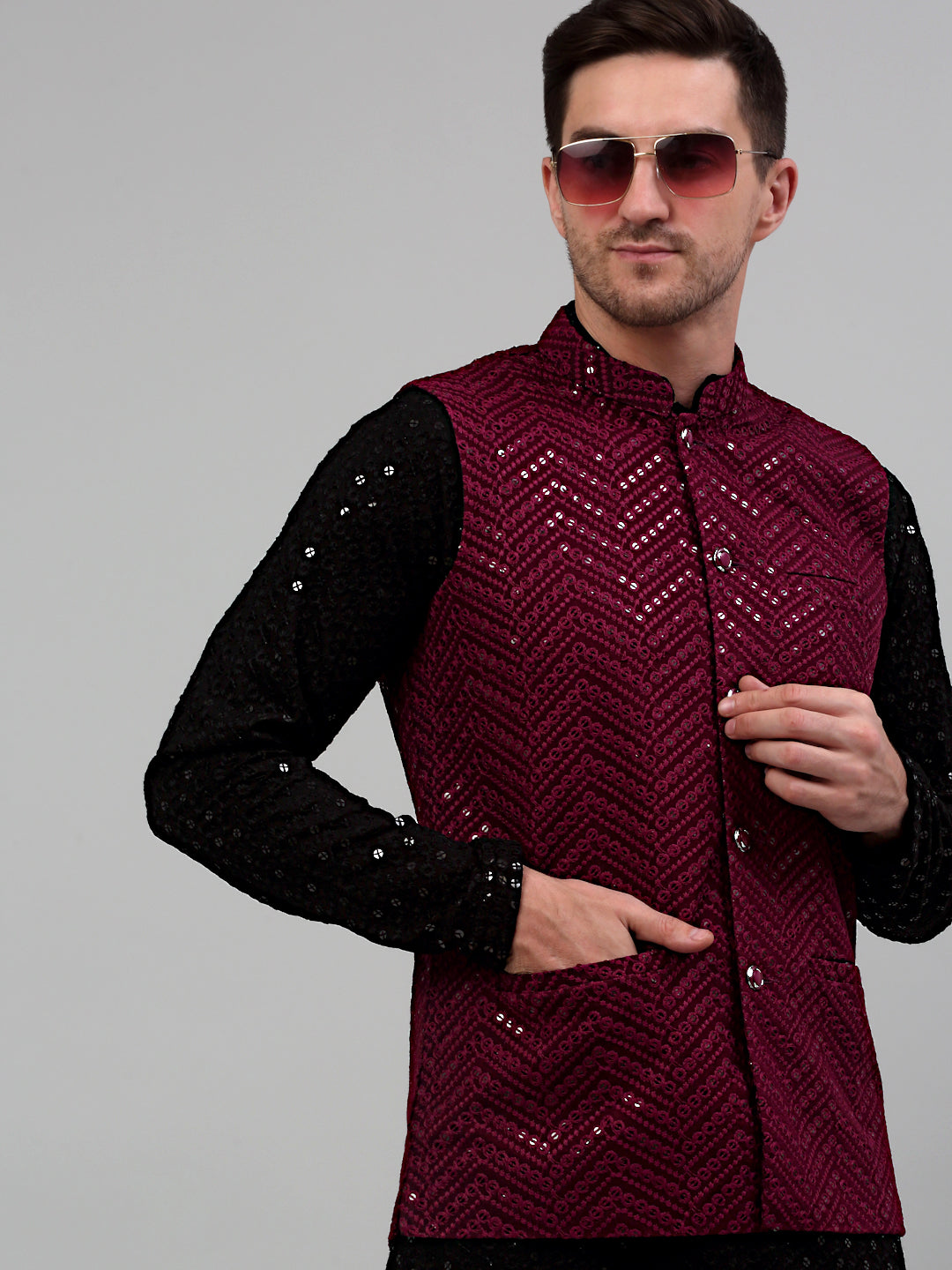 Jompers Men's Sequin and Embroidered Nehru Jacket With Kurta Pyjama - Purple | Grocsy