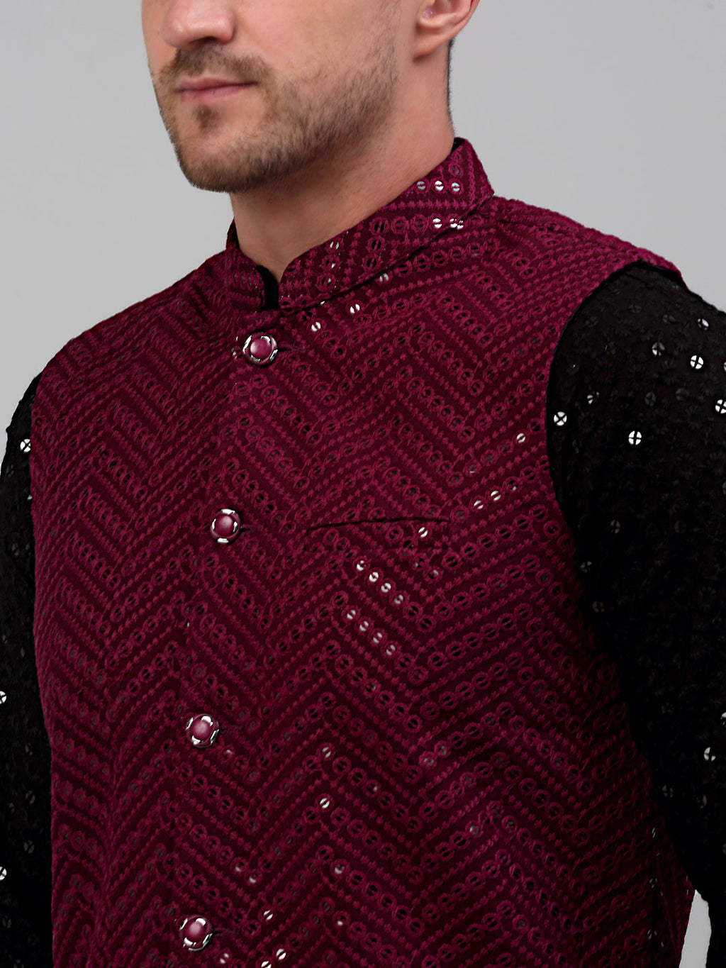 Jompers Men's Sequin and Embroidered Nehru Jacket With Kurta Pyjama - Purple | Grocsy