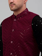 Jompers Men's Sequin and Embroidered Nehru Jacket With Kurta Pyjama - Purple | Grocsy