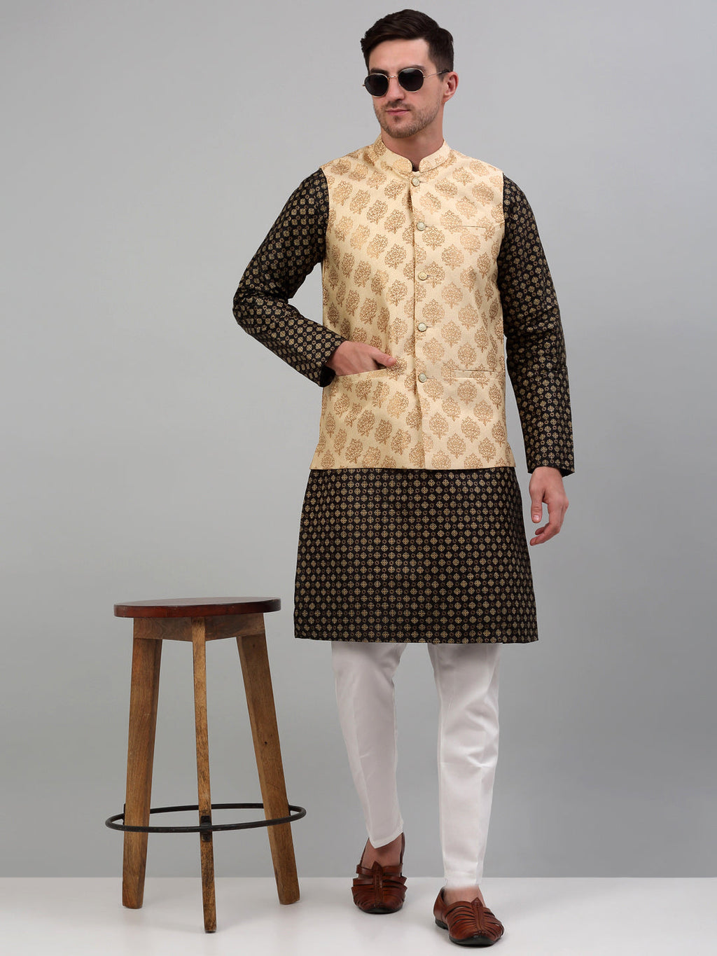 Jompers Men's Printed Nehru Jacket With Kurta Pyjama Set - Cream | Grocsy