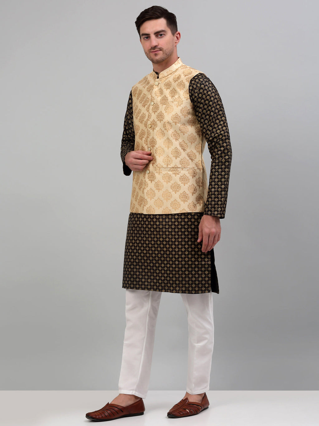 Jompers Men's Printed Nehru Jacket With Kurta Pyjama Set - Cream | Grocsy
