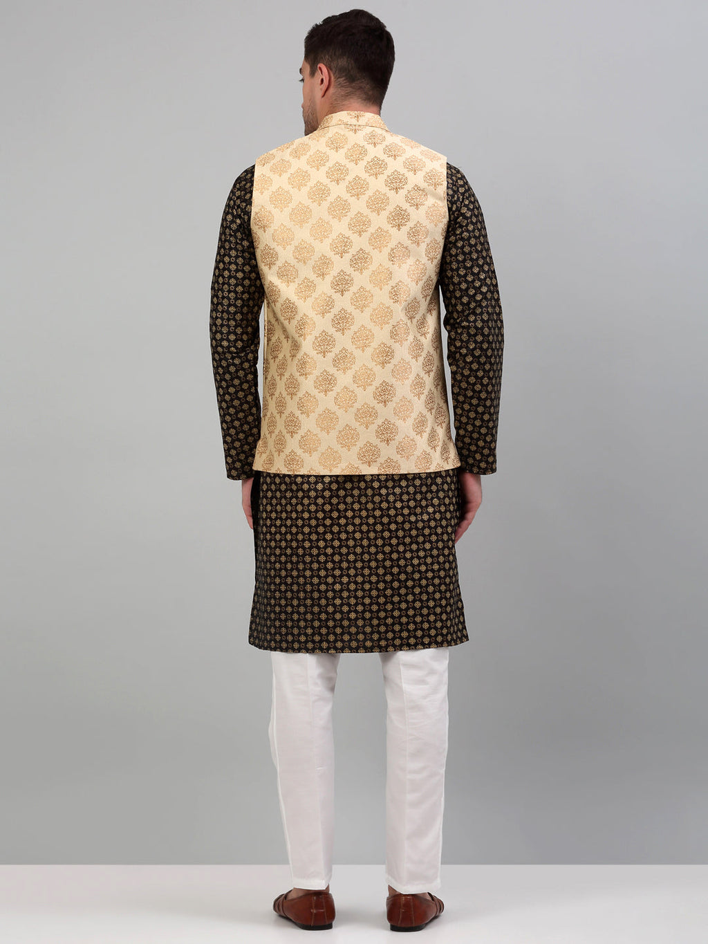 Jompers Men's Printed Nehru Jacket With Kurta Pyjama Set - Cream | Grocsy