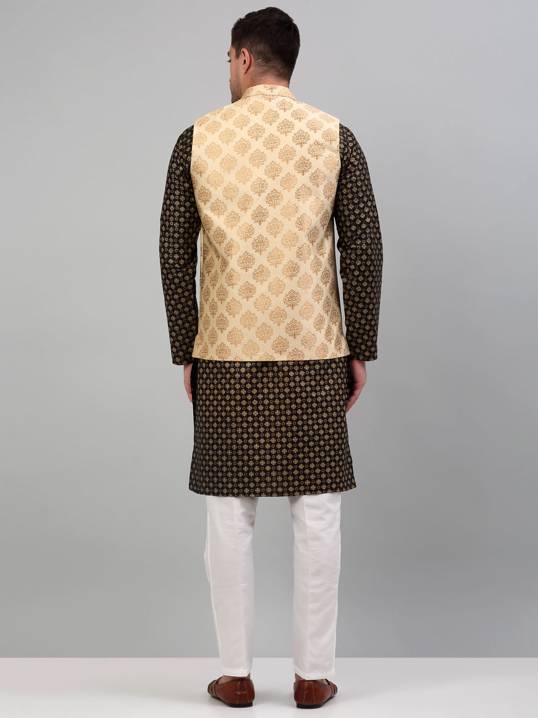 Jompers Men's Printed Nehru Jacket With Kurta Pyjama Set - Cream | Grocsy