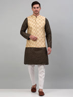 Jompers Men's Printed Nehru Jacket With Kurta Pyjama Set - Cream | Grocsy