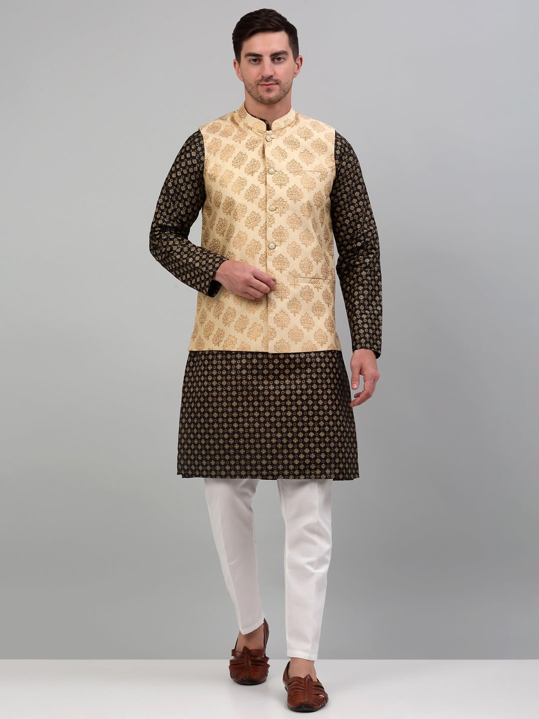 Jompers Men's Printed Nehru Jacket With Kurta Pyjama Set - Cream | Grocsy