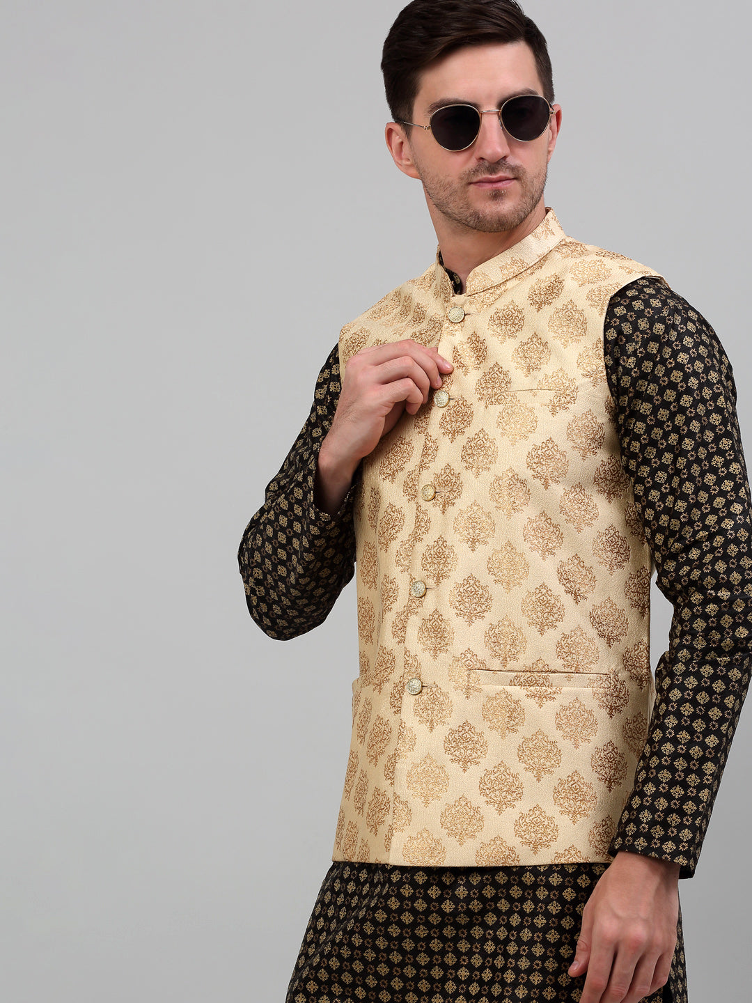 Jompers Men's Printed Nehru Jacket With Kurta Pyjama Set - Cream | Grocsy