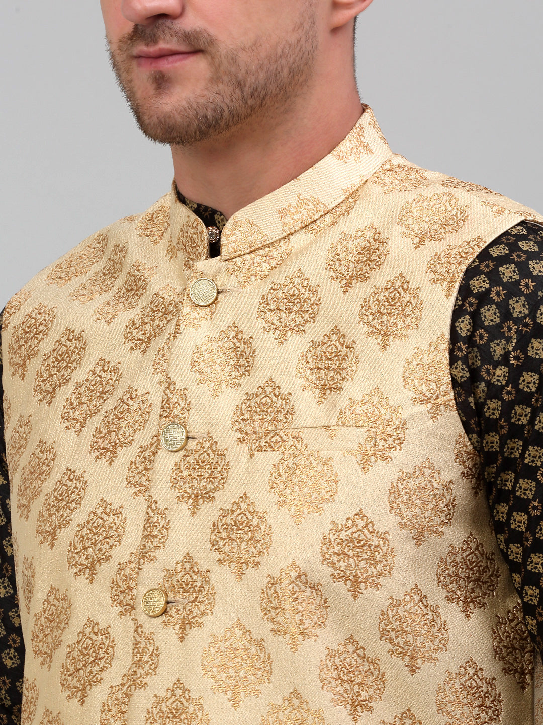 Jompers Men's Printed Nehru Jacket With Kurta Pyjama Set - Cream | Grocsy