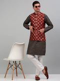 Jompers Men's Printed Nehru Jacket With Kurta Pyjama Set - Maroon | Grocsy