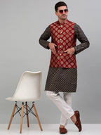 Jompers Men's Printed Nehru Jacket With Kurta Pyjama Set - Maroon | Grocsy