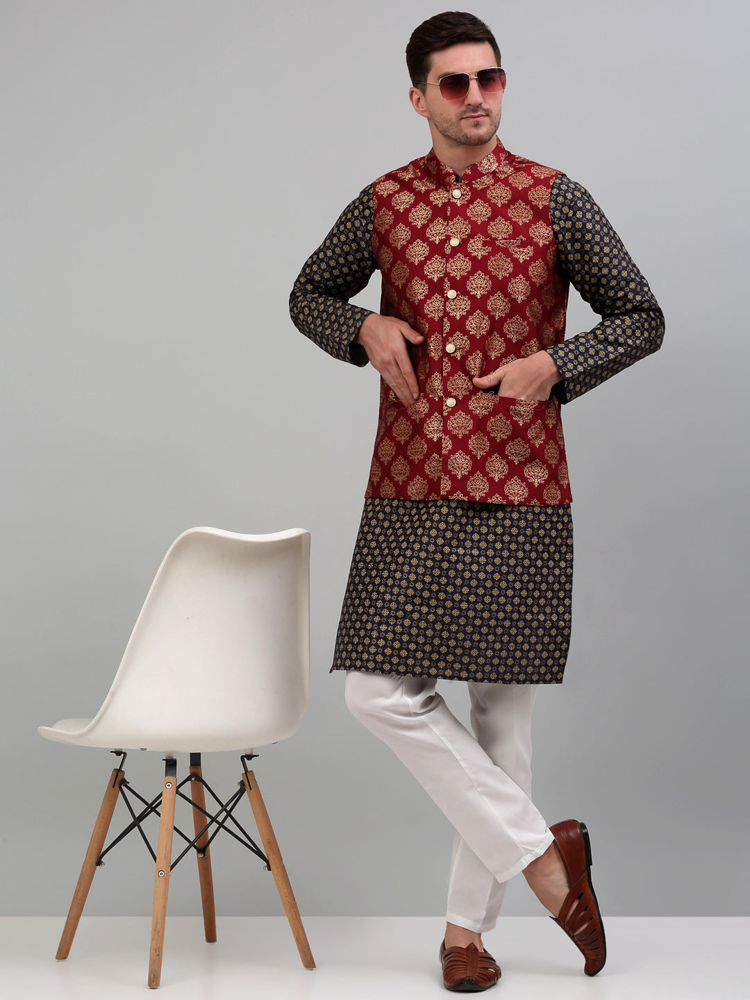 Jompers Men's Printed Nehru Jacket With Kurta Pyjama Set - Maroon | Grocsy