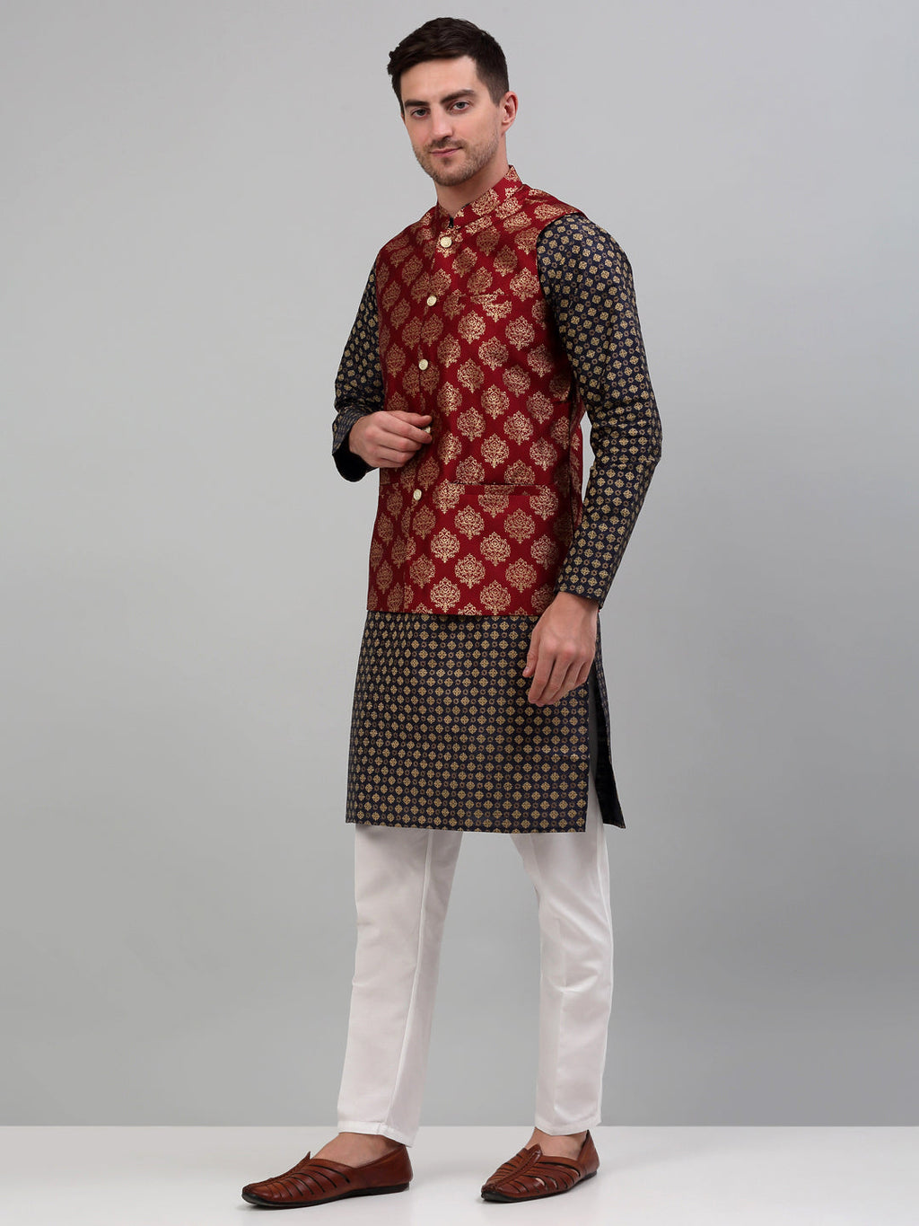 Jompers Men's Printed Nehru Jacket With Kurta Pyjama Set - Maroon | Grocsy