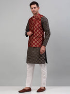 Jompers Men's Printed Nehru Jacket With Kurta Pyjama Set - Maroon | Grocsy