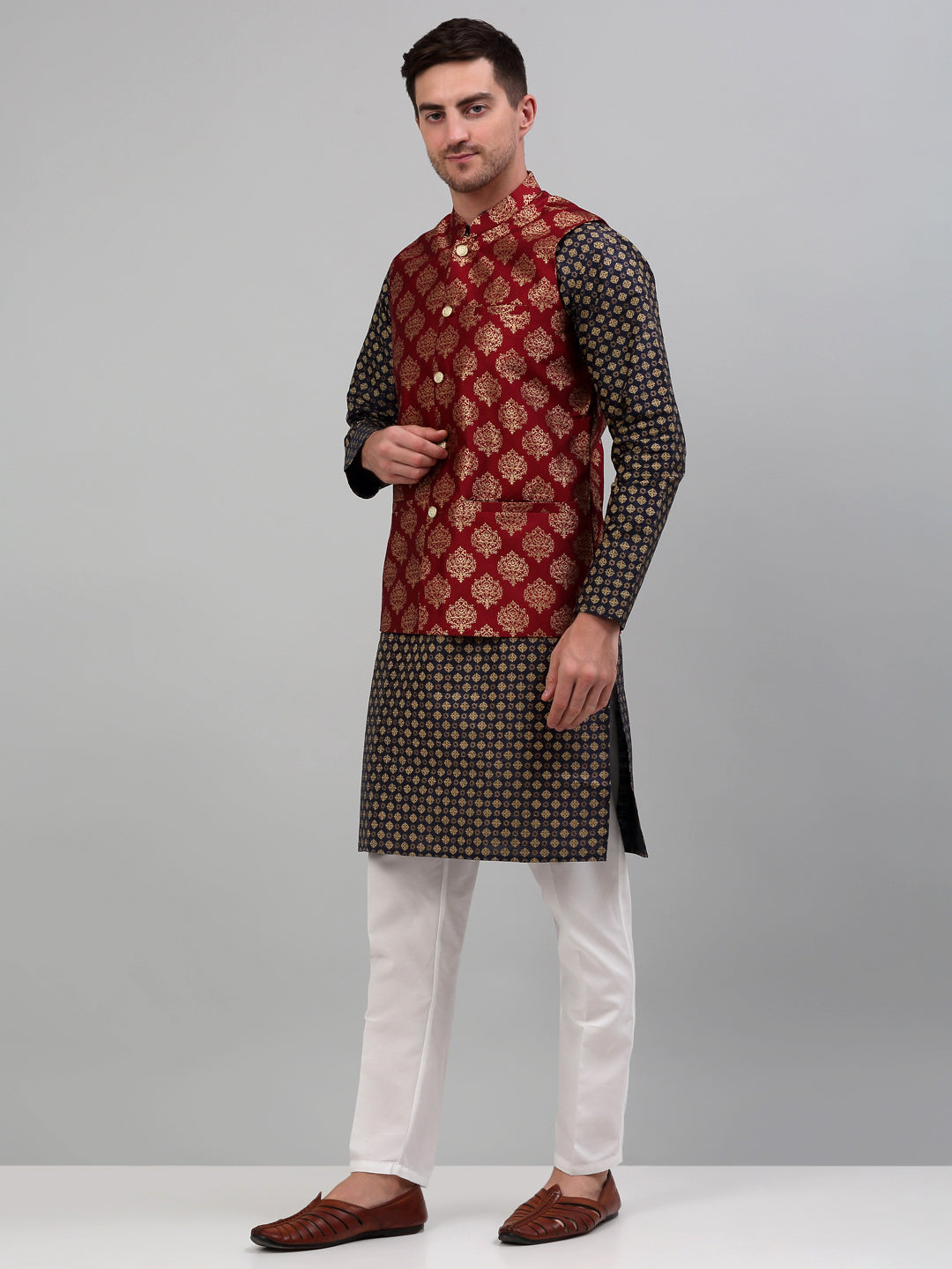 Jompers Men's Printed Nehru Jacket With Kurta Pyjama Set - Maroon | Grocsy