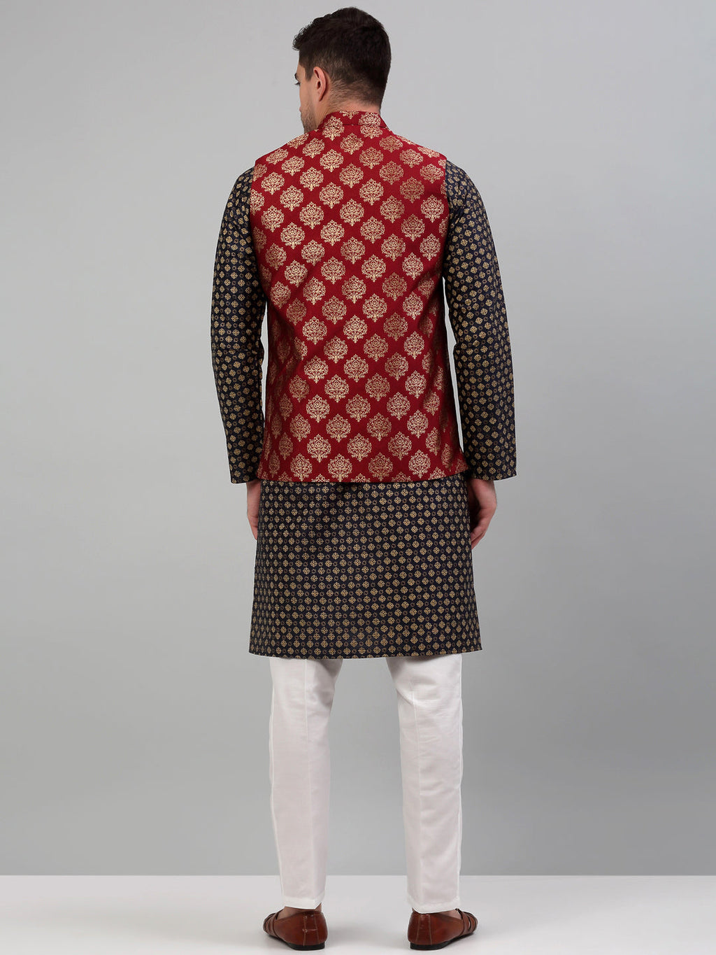 Jompers Men's Printed Nehru Jacket With Kurta Pyjama Set - Maroon | Grocsy