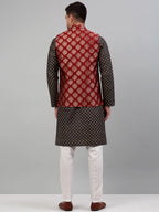 Jompers Men's Printed Nehru Jacket With Kurta Pyjama Set - Maroon | Grocsy