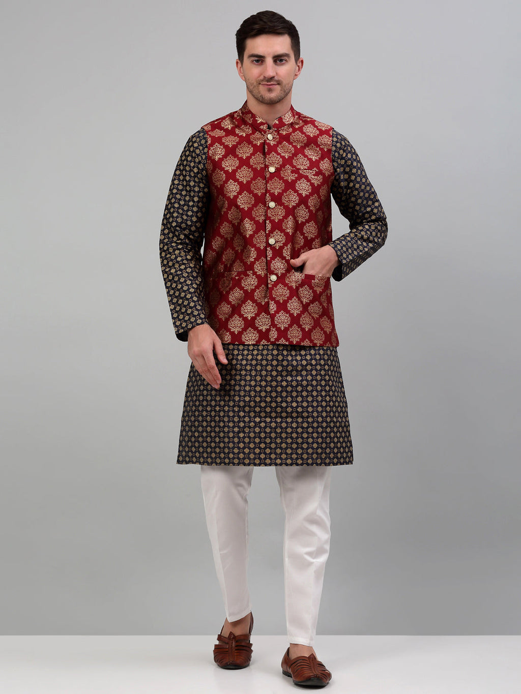 Jompers Men's Printed Nehru Jacket With Kurta Pyjama Set - Maroon | Grocsy