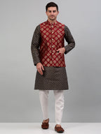 Jompers Men's Printed Nehru Jacket With Kurta Pyjama Set - Maroon | Grocsy