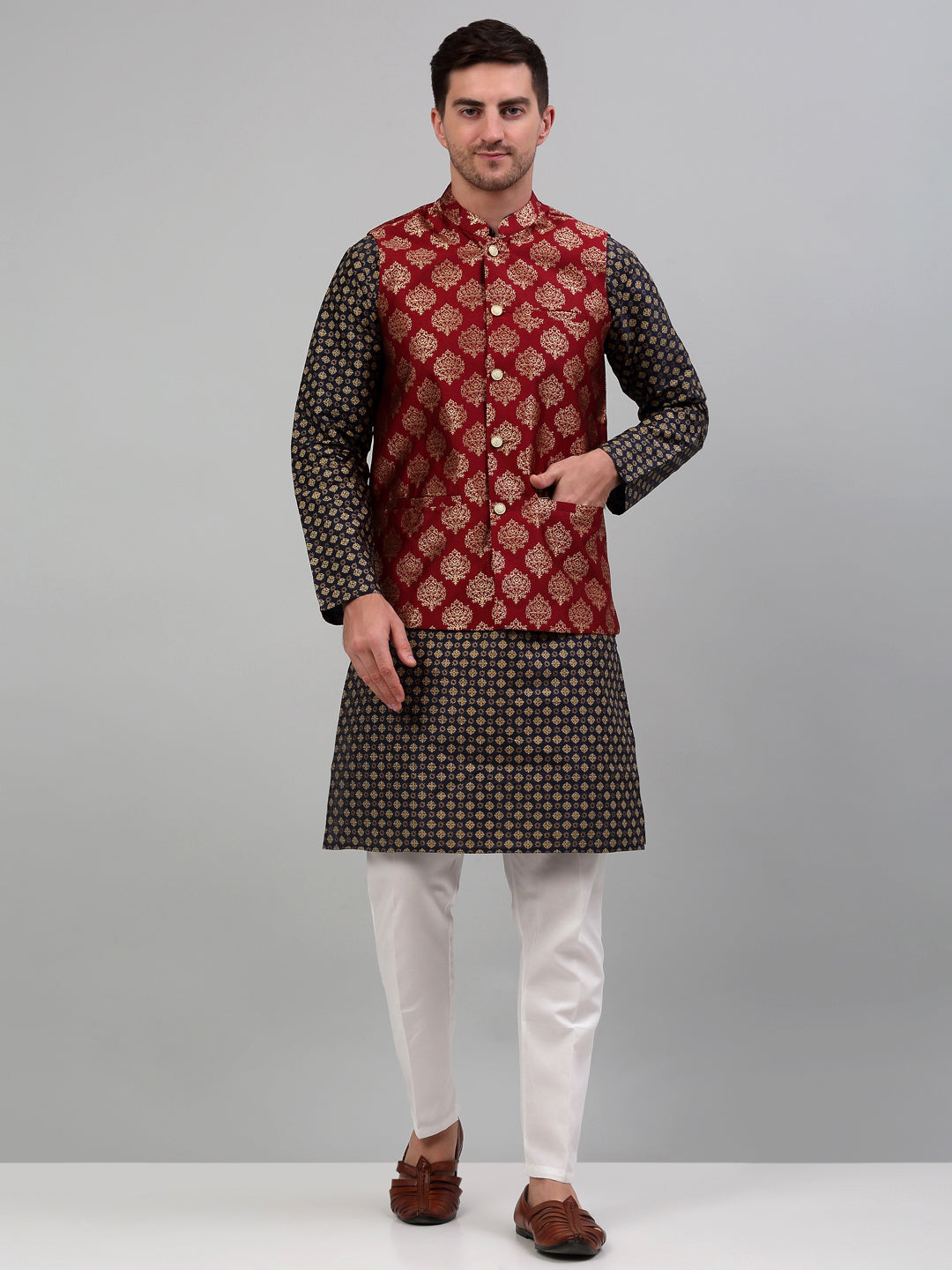 Jompers Men's Printed Nehru Jacket With Kurta Pyjama Set - Maroon | Grocsy