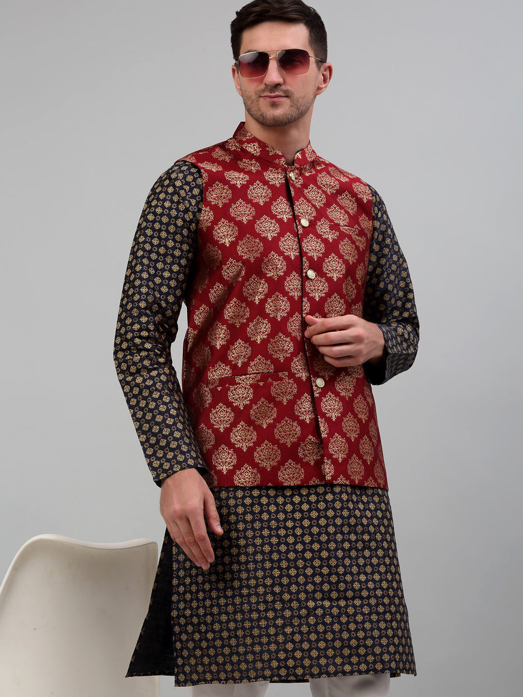 Jompers Men's Printed Nehru Jacket With Kurta Pyjama Set - Maroon | Grocsy