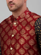 Jompers Men's Printed Nehru Jacket With Kurta Pyjama Set - Maroon | Grocsy