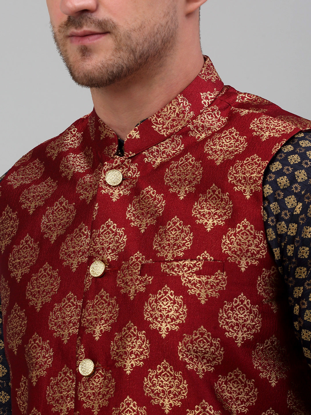 Jompers Men's Printed Nehru Jacket With Kurta Pyjama Set - Maroon | Grocsy
